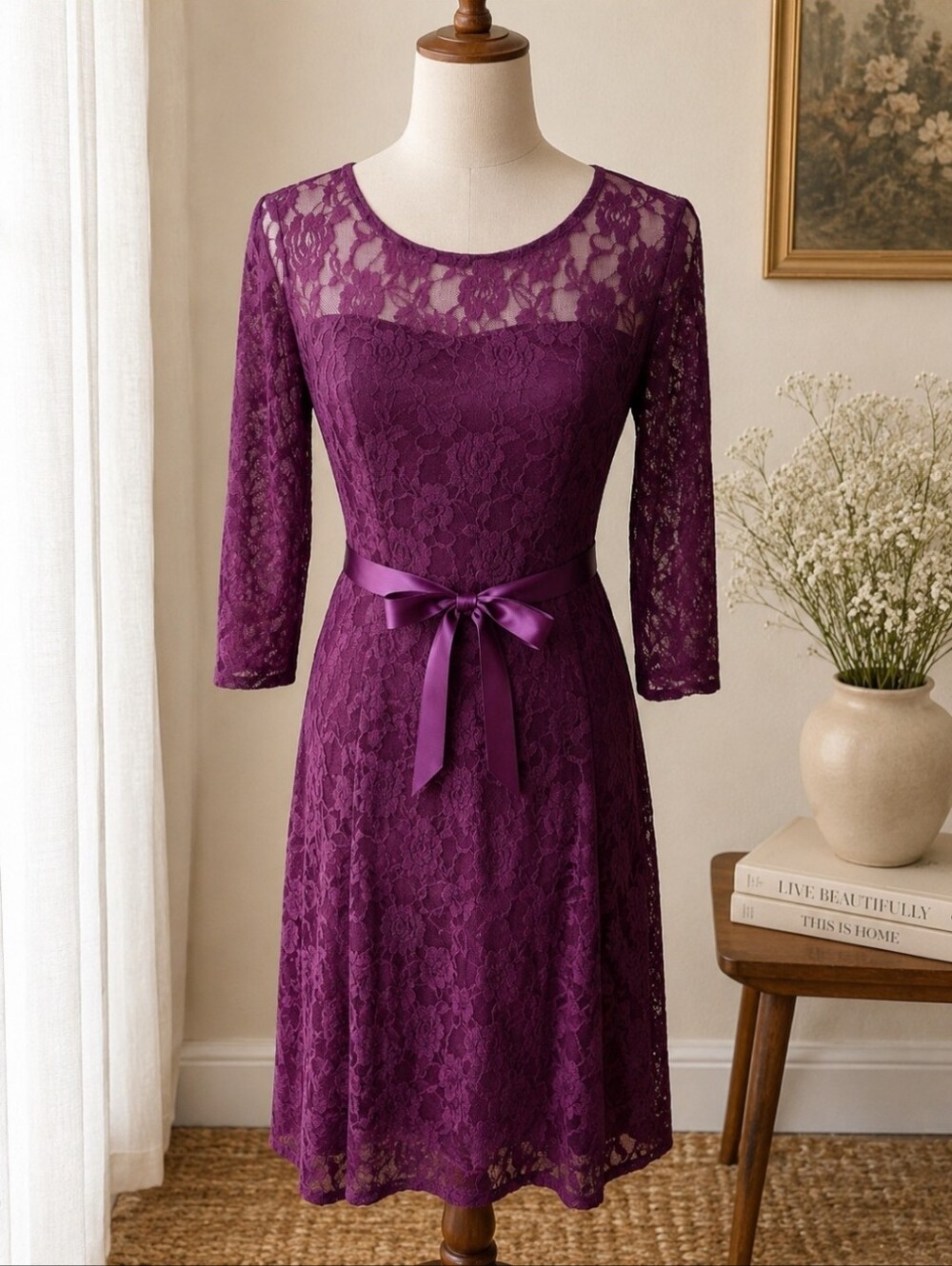 Purple Lace A-Line Cocktail Dress w/ Satin Sash Bow — NWOT (L)